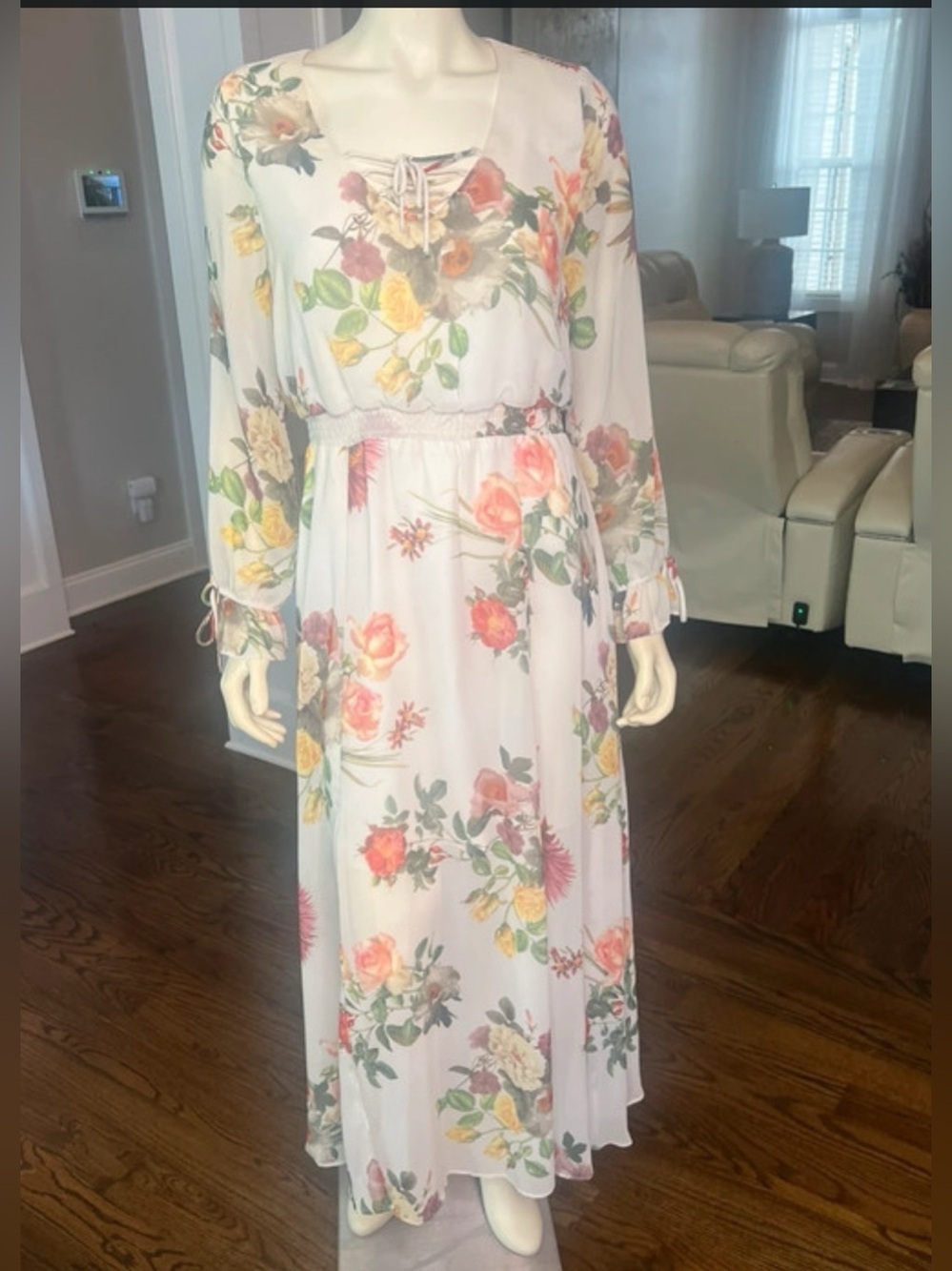 Sheer Floral Maxi Dress in Ivory with Multicolor Blooms